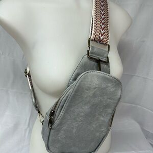 Gray Sling Bag with Patterned Strap